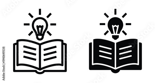 Open book icon with glowing lightbulb symbol representing creative ideas knowledge education learning inspiration insight wisdom and academic study research