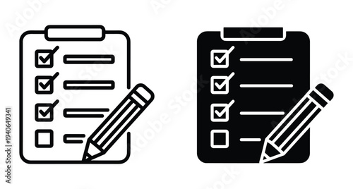 Clipboard with checkmarks and pencil icon set for survey task management business planning project tracking checklist report document form list