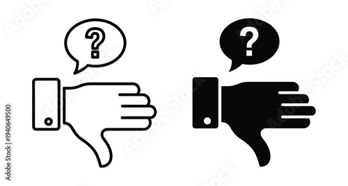 Hand thumb down icon with question mark speech bubble symbol for negative feedback confusion doubt uncertainty dislike rejection and disapproval
