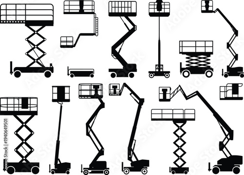 Aerial work platform lift machines silhouettes collection isolated construction equipment set flat vector