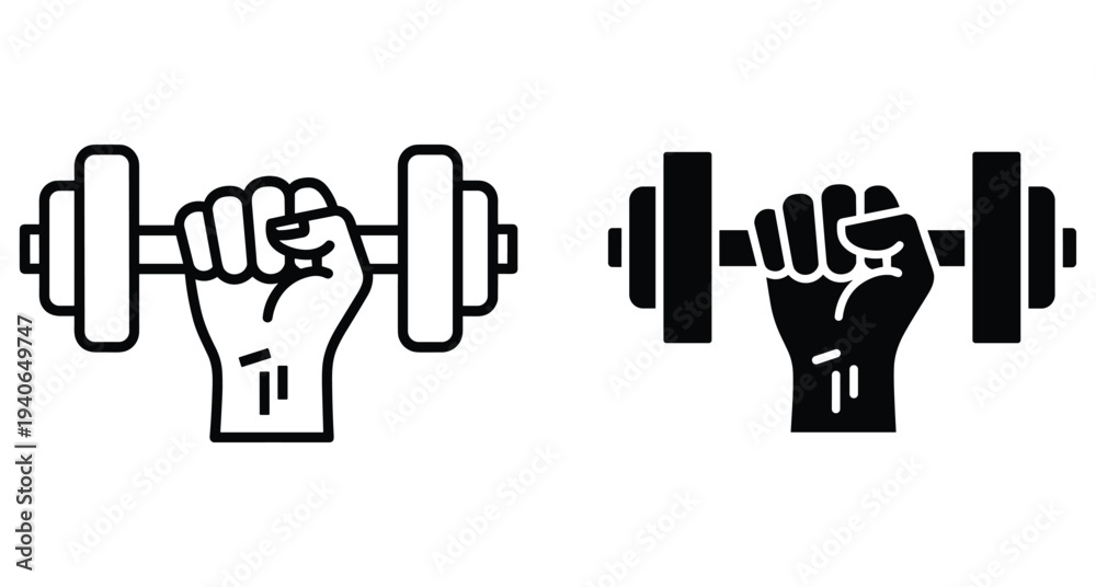 Obraz premium Hand gripping heavy dumbbell icon set for fitness gym workout bodybuilding strength training weightlifting exercise equipment symbol graphic design element
