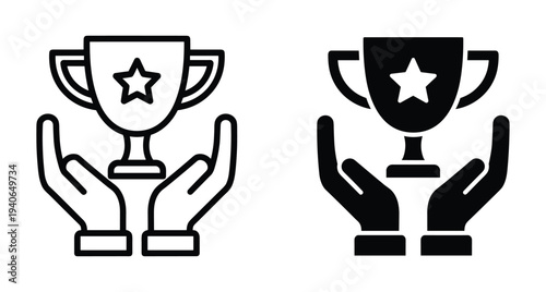 Trophy cup with star held by hands icon set representing achievement success victory winning prize reward recognition accomplishment and leadership