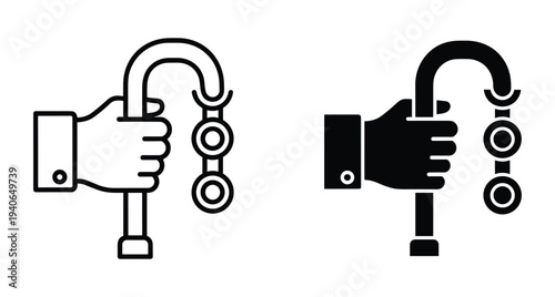 Hand holding walking cane icon set for elderly mobility support and disability assistance equipment in line and solid style