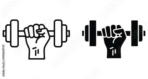Hand gripping heavy dumbbell icon set for fitness gym workout bodybuilding strength training weightlifting exercise equipment symbol graphic design element