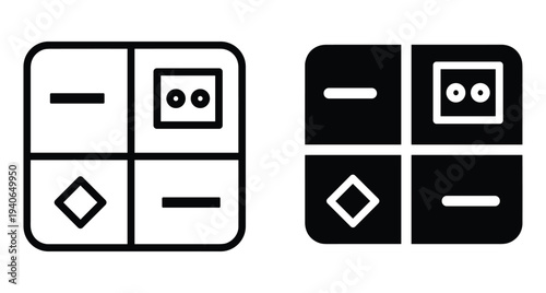 Set of two square icons with four quadrants containing geometric symbols like minus signs diamonds and squares for user interface design
