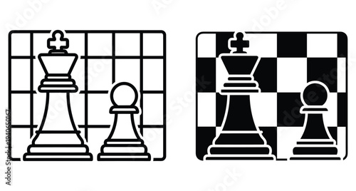 Chess king and pawn icons on checkered board grid set in line and solid black and white graphic style illustration