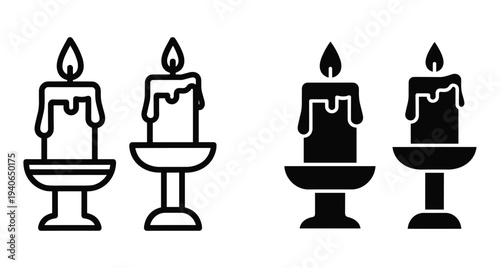 Burning candle icons set with melting wax on stands in outline and solid silhouette styles for religious or decorative use