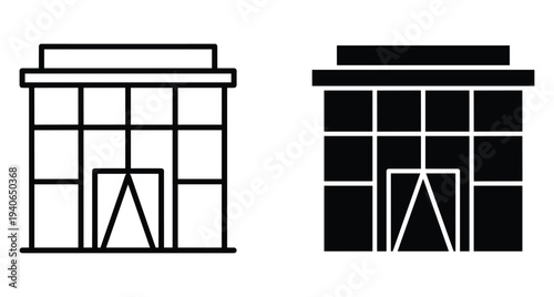 Building icon set showing store front or office facade in line and solid black styles for web design architecture symbol building icon