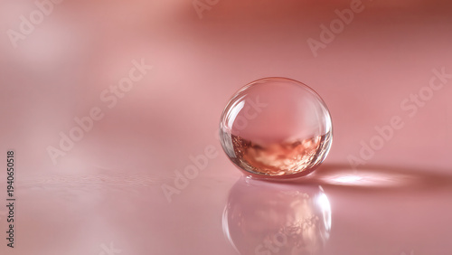 A clear, spherical object rests on a reflective pink surface, showcasing light refraction and subtle ripples.