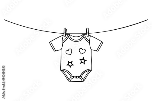 Baby bodysuit hanging on clothesline with hearts and stars vector line art illustration isolated on transparent background

