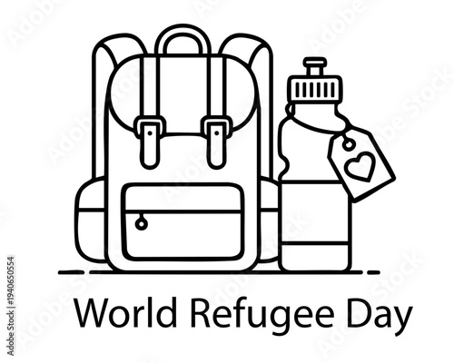 World Refugee Day concept with backpack and water bottle vector line art illustration isolated on transparent background


