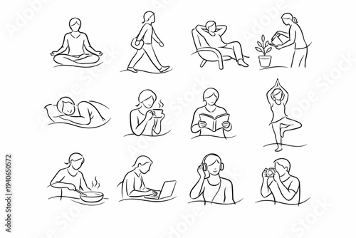 Calm informal loose movement gentle posture action vector icons line icon gesture