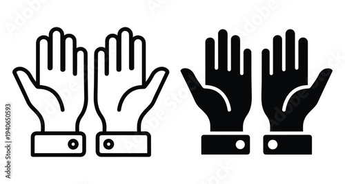 Hands in prayer position with shirt cuffs and cufflinks showing open palms in outline and solid black vector style