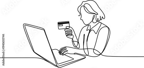 Continuous line art online shopping, laptop credit card payment flat vector