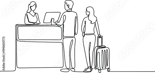 Minimalist line art of hotel reception desk with guests checking in, flat vector