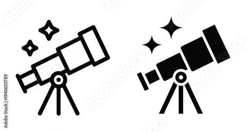 Telescope icon set with outline and solid styles featuring stars for astronomy science observation space exploration research and discovery tools