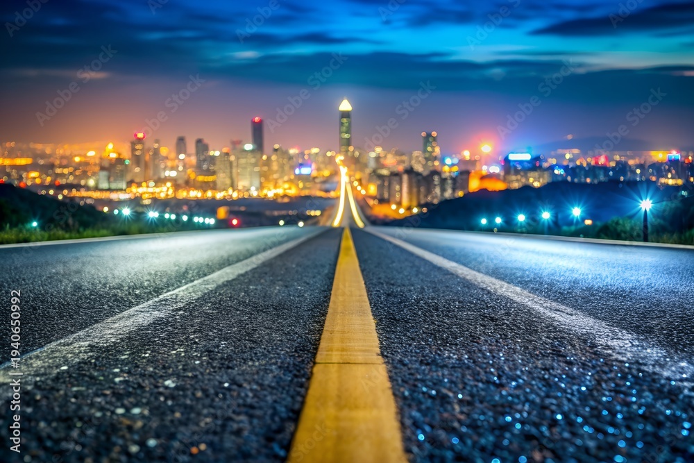 Fototapeta premium Asphalt Highway Leading into Illuminated Cityscape at Night with Selective Focus 