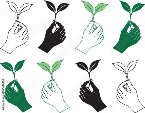 Illustration of hands holding seedlings in various color schemes