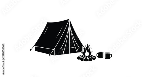 A simple black silhouette depicts a tent campfire and two mugs