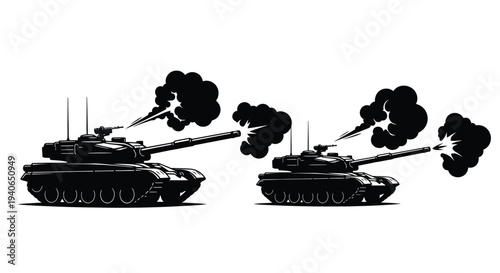 Two black silhouette tanks firing cannons with smoke plumes