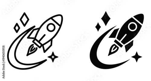 Rocket ship launch icon set with outline and solid versions featuring space shuttle flying through stars and curved smoke trail