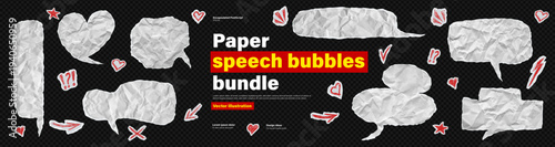Crumpled paper speech bubble cloud bundle set. Teenager y2k chat balloon dialogue box kit rough empty memo page sticker for collage. Sheet with pen drawn heart arrow star on like transparent png bg