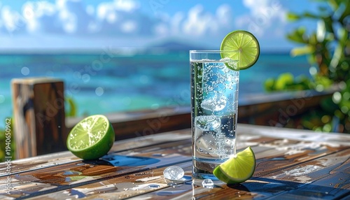 Refreshing drink with lime and ice on a wooden table by the ocean