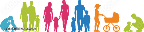 Family interactions, parenting, childcare, diverse family dynamics, flat vector illustration