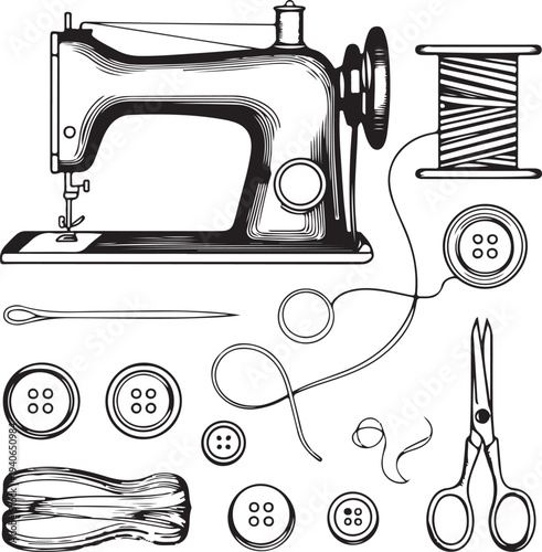 Vintage sewing machine with accessories and supplies