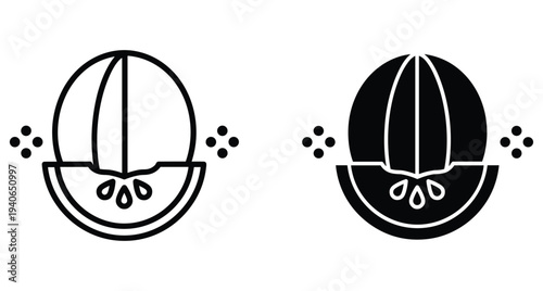 Melon fruit icon set featuring outline and solid versions showing a slice with seeds for healthy food graphic design