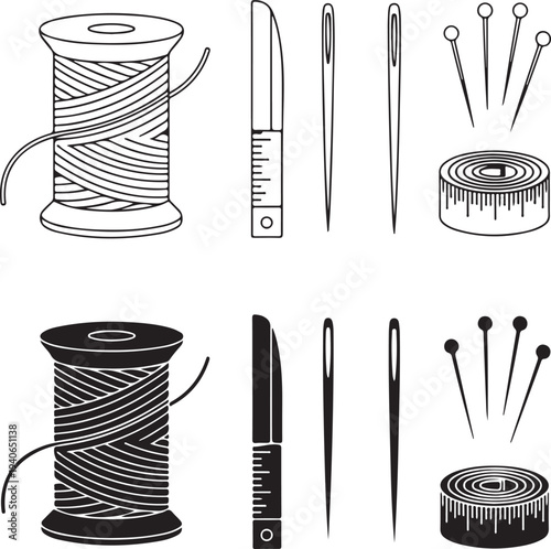 Sewing notions and tools including thread spools and needles