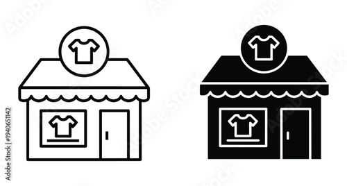 Clothing store icon set featuring boutique storefront with tshirt sign window display and door in outline and solid styles
