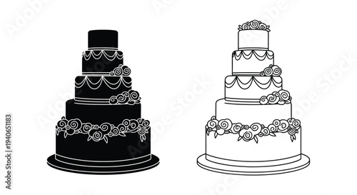 Two tiered wedding cakes in black and white line art style