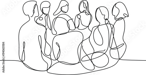 Flat vector continuous line drawing group meeting discussion collaboration illustration