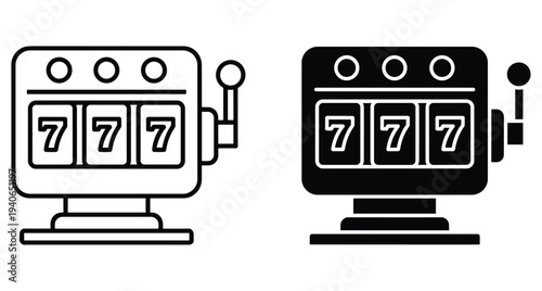 Slot machine icon set with lucky triple seven jackpot display for casino gambling gaming and betting entertainment graphic design