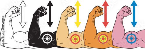 Illustration of five fists with arrows representing different directions and colors