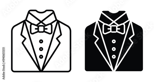 Tuxedo suit icon set with bowtie and buttons for formal events wedding groom attire gentleman tuxedo suit icon set