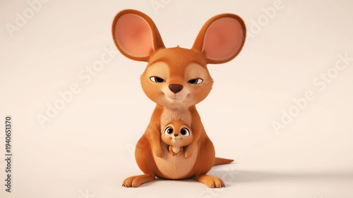 Animated kangaroo mother and baby joey character on studio background cute family cartoon animal rendered