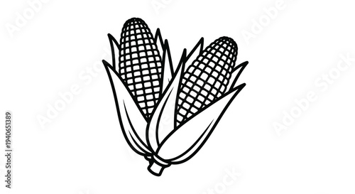 Two ears of corn with husks are illustrated in black and white