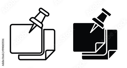Pushpin pinning paper notes icon set with outline and solid styles for office organization task management and reminder notification
