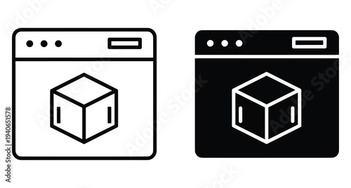 Browser window interface icon set featuring a three dimensional cube symbol for software development web application design and digital package management