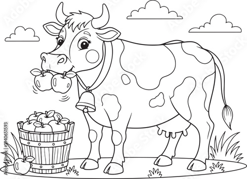 Cow with apples in mouth and bucket of apples in a field