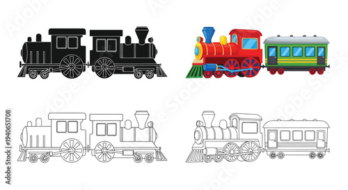 Colorful and monochrome illustrations of vintage steam locomotives and train cars