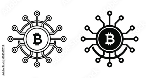 Bitcoin cryptocurrency digital coin icon set with circuit board lines representing blockchain technology network and decentralized finance payment system web graphic