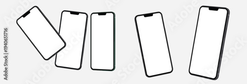 Multiple modern smartphones with blank white screens in dynamic angles for app UI/UX mockups and presentations.