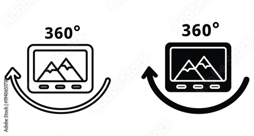 360 degree virtual tour icon set with panoramic view screen showing mountain landscape and rotation arrow for immersive digital experience interface