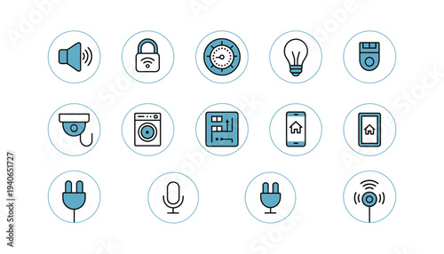 Collection of smart home and internet of things (IoT) line icons, featuring various devices and controls on a white background.