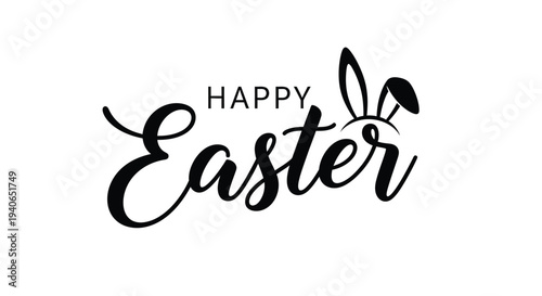 Happy Easter greeting text with a stylized bunny ears icon.