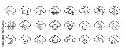 Comprehensive cloud computing and data management line icons for network security and digital services