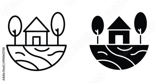 Small house icon set with trees on land plot for real estate environment sustainability rural living property development and nature conservation
